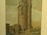 painting of a castle in the middle of a field with a sky background