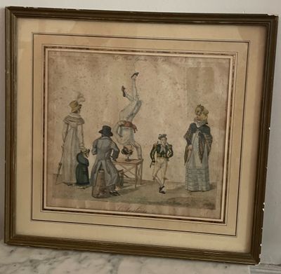 tableau représentant un groupe de personnes debout autour d'une table dans une pièce