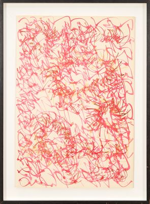 une peinture abstraite composée de lignes rouges et roses sur un fond beige