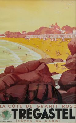 une grande affiche représentant une plage avec des gens dessus
