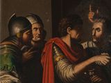 painting of a group of men dressed in armor and holding wine glasses