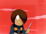 a cartoon of a boy holding a knife and a knife in his hand