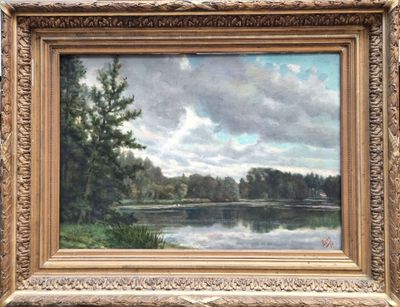 an oil painting of a lake with trees and clouds in the background