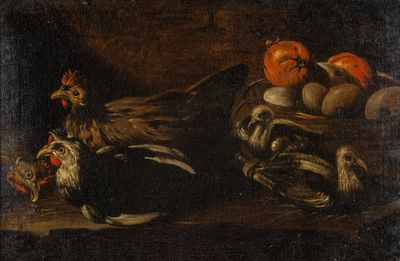 tableau représentant une nature morte composée de poulets, de pommes et d'autres fruits