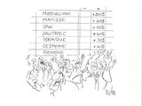 dessin au trait représentant un groupe de personnes devant une table