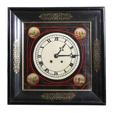 an image of a black and white clock with pictures on it