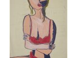 a drawing of a woman in a red bra top with her arms crossed