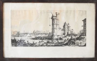 an old picture of a painting of a city with a clock tower in the background
