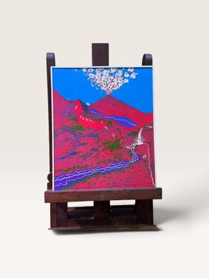 un petit chevalet sur lequel est posé un tableau, sur fond blanc