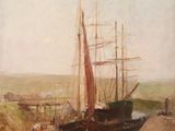 peinture représentant une scène de port avec un navire et d'autres bateaux