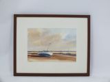 une image d'un tableau représentant un bateau sur la plage