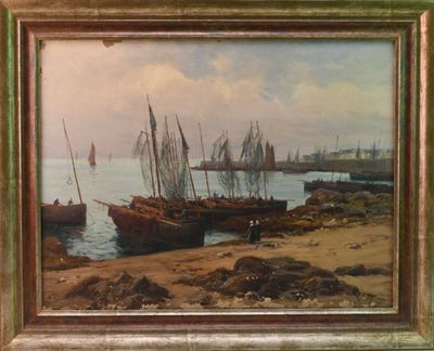 a picture of a painting of boats on the water