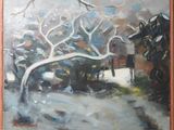 an oil painting of a snowy scene with a church in the background