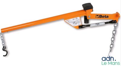 a close up of a chain holding a tool on a white background