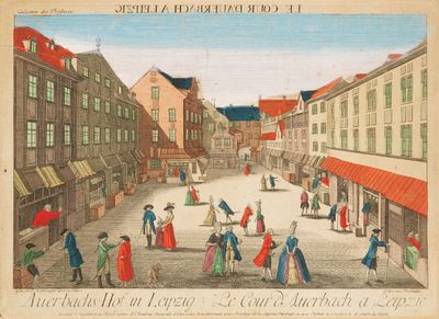 un vieux dessin représentant une scène de rue avec des gens qui marchent sur le trottoir