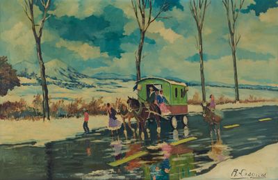 a painting of a horse drawn carriage on a snowy road
