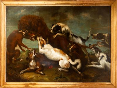 a painting of dogs attacking a lion in a field