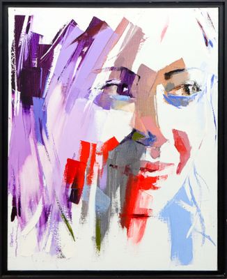 an abstract painting of a woman ' s face with purple and red colors