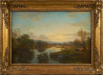 Jules ANDRÉ (1807-1869). Bord de rivière animé au crépuscule…