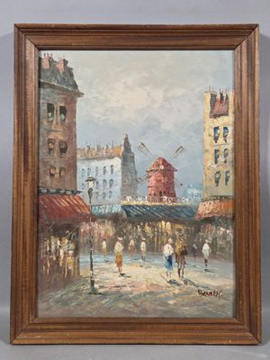 an oil painting of a city street scene with people walking by