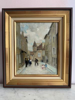 peinture d'une scène de rue avec des personnes marchant dans la rue