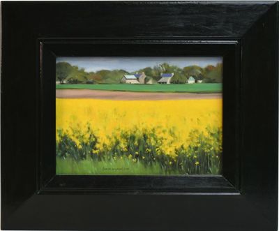 a painting of a field of yellow flowers with a barn in the background
