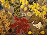 a painting of birds and flowers on a brown background