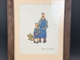 tableau représentant un homme et un enfant avec un chien et un jouet