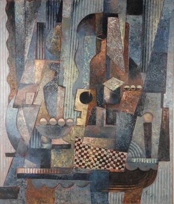 peinture abstraite représentant un homme assis sur une chaise avec une guitare