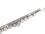 a silver flute that is sitting on a white surface