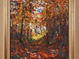 un tableau représentant un sentier traversant une forêt en automne