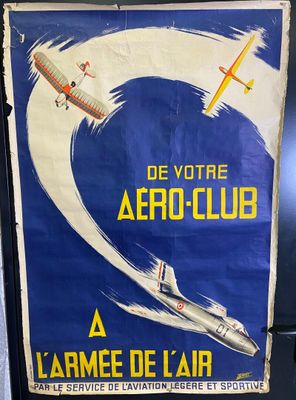 affiche représentant un avion volant dans les airs sur fond bleu