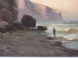 a painting of a man walking on the beach by the water