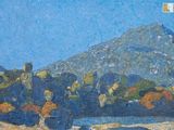 un tableau représentant une montagne au loin, avec des arbres au premier plan