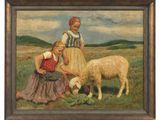 painting of two girls feeding a sheep in a field with hills in the background