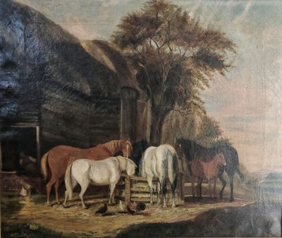 a painting of a group of horses standing in a field