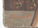 an oil painting of a man with a baseball bat on a baseball field