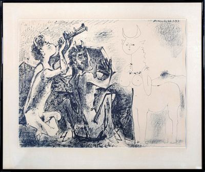 dessin représentant un homme et une femme jouant d'un instrument de musique devant un cheval