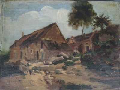 an old painting of a village with a dirt road in front of it