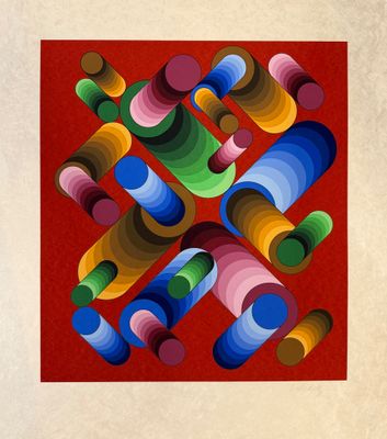 une image représentant un tableau composé de cercles colorés sur fond rouge