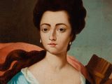 portrait of a woman in blue dress holding a broom and a fan