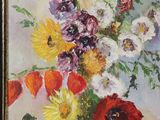 an oil painting of a vase of flowers on a table