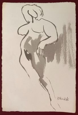 drawing of a nude woman in black and white on a red background