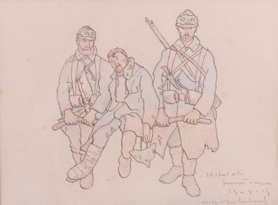 dessin d'un groupe d'hommes en uniforme avec armes et chapeaux