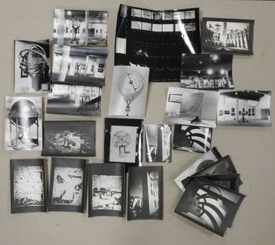several black and white photographs of a bunch of people on a table