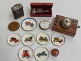 a lot of small plates and a clock on a table