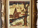 a painting of a house in a snowy landscape with a tree in the foreground