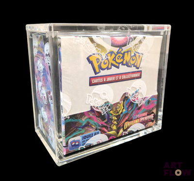 a clear box with a picture of a pokemon card game inside of it