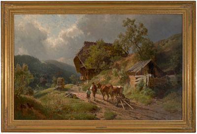 tableau représentant des chevaux tirant une charrette sur un chemin de terre