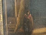 an old painting of a woman reading a book in a dark room